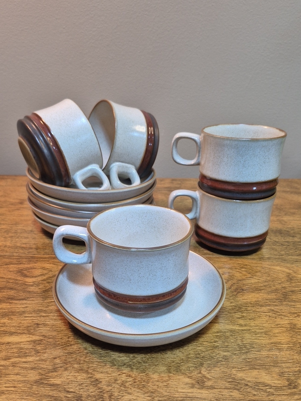 DENBY Vintage MCM 'Potter's Wheel' Rust Red Pattern Stoneware Cups & Saucers